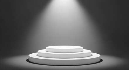 Podium stage with spot lights background - a threetiered white podium stands empty under a single spotlight on a dark, moody background, symbolizing achievement and recognition