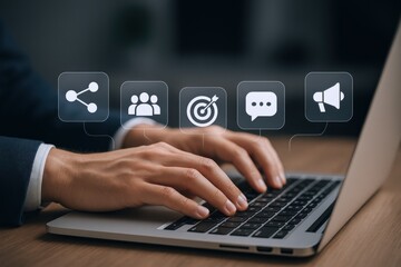 Professional Using Laptop with Digital Marketing Icons Illustrating Strategy and Connection to Target Audience