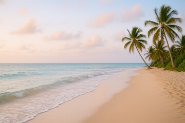 Fototapeta premium Tropical Beach Paradise: White Sand, Turquoise Water, and Palm Trees at Sunset