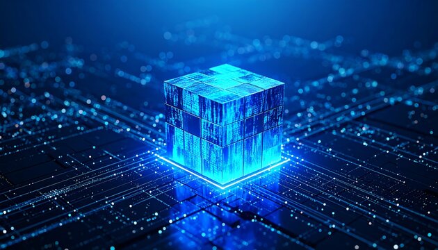 Glowing Blue Data Cube on Circuit Board Background - Powered by Adobe