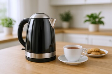Fototapeta premium Electric Kettle Still Life: Black Kettle with Tea Cup and Cookies on Wooden Table