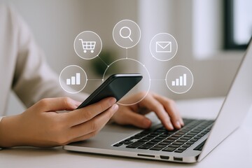 Woman Engaging in Online Shopping via Smartphone and Laptop with Digital Interface Overlay