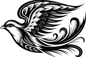 Stylized bird soars gracefully with patterned plumage and ornamental flourishes, rendered in striking monochrome