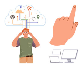 Person thinking under cloud with network lines, pointing hand gesture, and computer screens. Ideal for innovation, technology, creativity, cloud computing, connectivity, brainstorming application