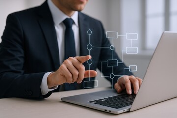 Businessman Interacting with Digital Flowchart on Laptop, Visualizing Business Processes and Strategic Planning for Optimization