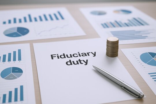 Fiduciary Duty Document Surrounded by Charts, Graphs, Gold Coins, and a Pen Emphasizing Financial Responsibility