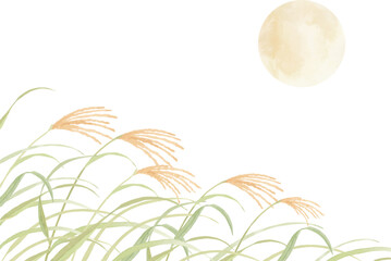 水彩で描いたススキと満月の背景イラスト