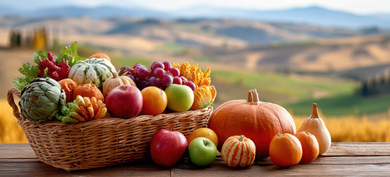 Vibrant arrangement of autumn fruits and vegetables in a rustic outdoor setting