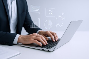 Business Professional Analyzing Data on Laptop with Digital Overlays for Enhanced Decision-Making