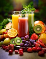 Fresh fruit juices in glasses, surrounded by colorful fruits