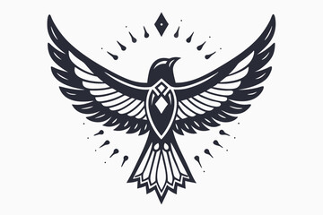 Stylized bold black bird soars with spread wings under the rhombus shape design