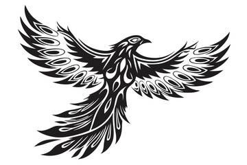 Stylized black bird spreads its wings, evoking freedom and tribal symbolism