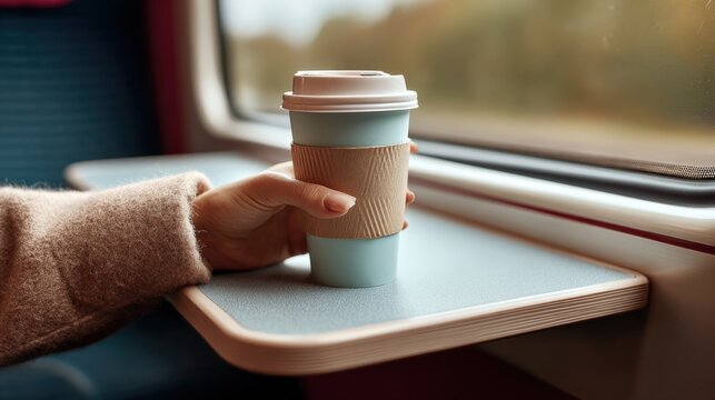 Coffee Cup on Train Table: Woman's Hand Holding Disposable Cup While Traveling