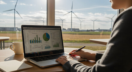 Business professional analysing the data in front of wind turbines, representing sustainable development.