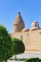 Vertical view of Chashma-Ayub Mausoleum with domes and trimmed trees in Bukhara, Uzbekistan