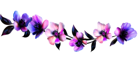 Delicate flower stems with vibrant purple and pink petals on a white background, cut out transparent
