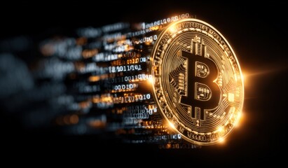 Golden Cryptocurrency Coin with Data Stream and Futuristic Glow on a Black Background