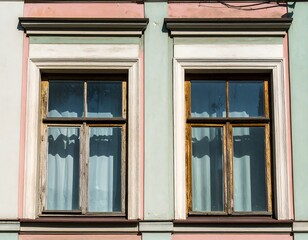 Fototapeta premium Two antique windows on a pastel-colored building