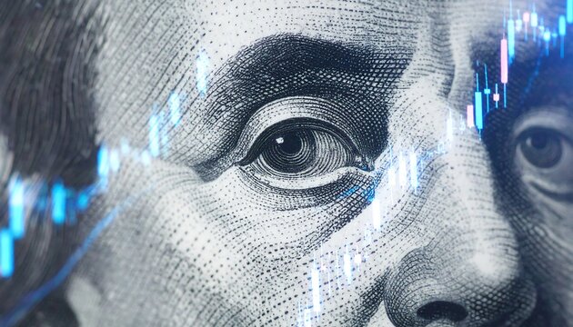Closeup of Benjamin Franklin's Eye Overlaid with Stock Market Chart - Powered by Adobe
