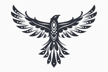 Obraz premium Stylized dark bird spreads wings in a symmetrical arrangement with ornate tribal pattern across body