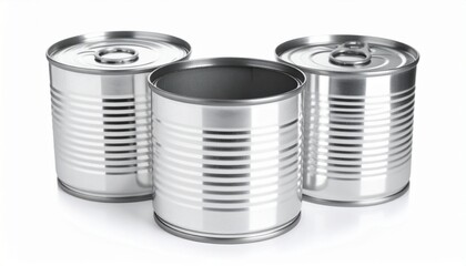 Group of five metal cans arranged on a white surface, with one can partially opened using a pull-tab