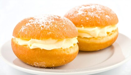 Two glazed cream-filled doughnuts sit on a white plate, showcasing a delightful combination of sweet, golden-brown dough and creamy fillings.