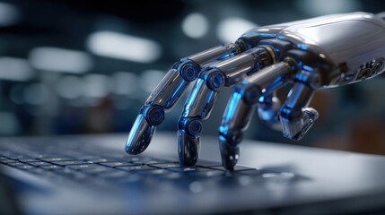 Robotic Hand Typing on Laptop Keyboard: Futuristic Technology and Artificial Intelligence Concept