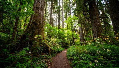 Lush, sun-dappled forest path winds through a vibrant green canopy, showcasing towering trees and abundant undergrowth.