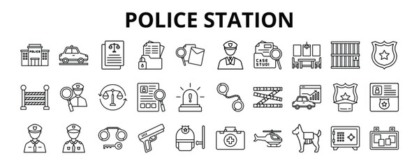 30 Police Station Line Icons Vector - Police Office, Evidence, Detective, Crime, Safe box, Gun, Police Line