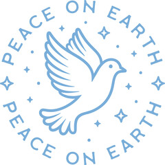 Peace on earth christian quotes Christmas dove round sign circular sticker badge logo girl tee shirt design. Cute retro blue aesthetic New year wishes peaceful drawing clipart transparent background.