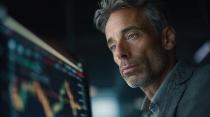 Fototapeta premium Focused Trader Analyzing Stock Market Data on Computer Screen, Concentrating on Financial Investment