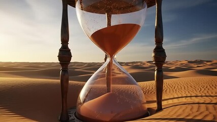 Hourglass in a vast desert landscape during sunset, symbolizing the passage of time and reflection - Powered by Adobe