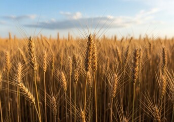 Fototapeta premium A closeup view of a golden wheat field under a blue sky