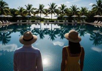 Obraz premium A couple in straw hats looks out at a swimming pool lined with palm trees and lounge chairs