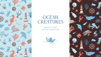 Seamless patterns on light and dark backgrounds from underwater animals. Objects for sea travel. Sea and ocean inhabitants of the underwater world.