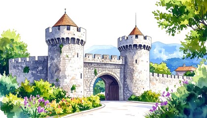 Watercolor illustration of a medieval castle gatehouse.