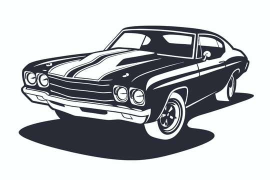 Striking black and white shows a classic car with racing stripes in detail