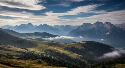 A sunlit mountain valley with rolling hills and pine trees