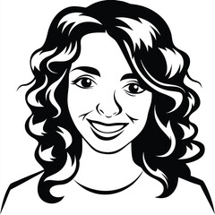 Smiling woman with curly hair looks forward in a simple black and white design