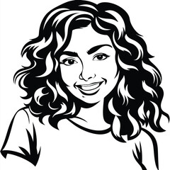 Smiling young woman with wavy hair is shown in a black and white illustration