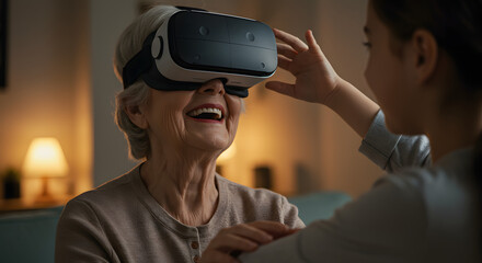 A grandmother and granddaughter experience VR technology and the excitement that comes with it. The elderly woman wears a VR headset while the younger woman smiles and looks at her happily.