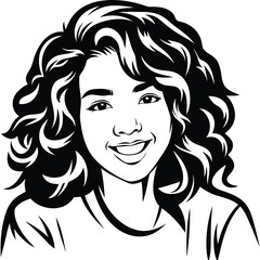 Smiling young woman with curly hair is depicted in black and white