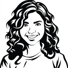 Smiling young woman with curly black hair looks forward in a bold vector
