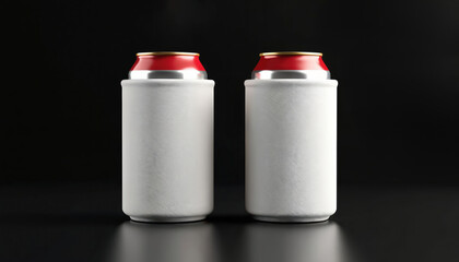 Obraz na płótnie Canvas Two blank white collapsible beer koozies shown in side view against dark background. Neoprene beverage holders perfect for custom branding, clean, minimalist design for cans, bottles, soda pop.