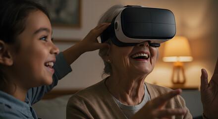 A happy child helps their grandmother experience virtual reality using VR glasses. A heartwarming scene showcasing tech and multigenerational fun