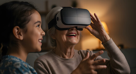 An older woman and a child experiencing virtual reality