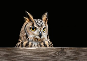Obraz premium An owl with bright yellow eyes peeks over a wooden ledge against a black background