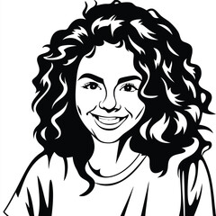 Smiling woman with curly hair wearing t shirt is shown in black and white