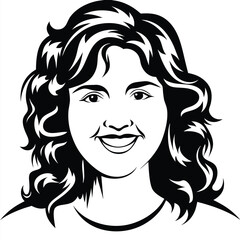 Outlined illustration shows a smiling Caucasian woman with curly hair and a simple shirt