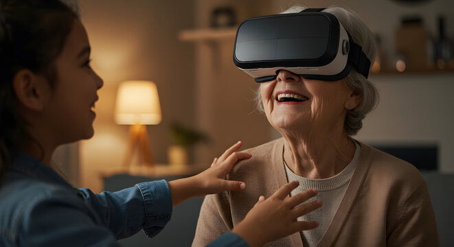 Grandmother and granddaughter experiencing the virtual world together with VR headset 